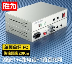 2路E1+4路电话+1路百兆网络 综合业务电话光端机 PCM语音光端机 20KM FC单纤桌面式 一对 D1E04P03
